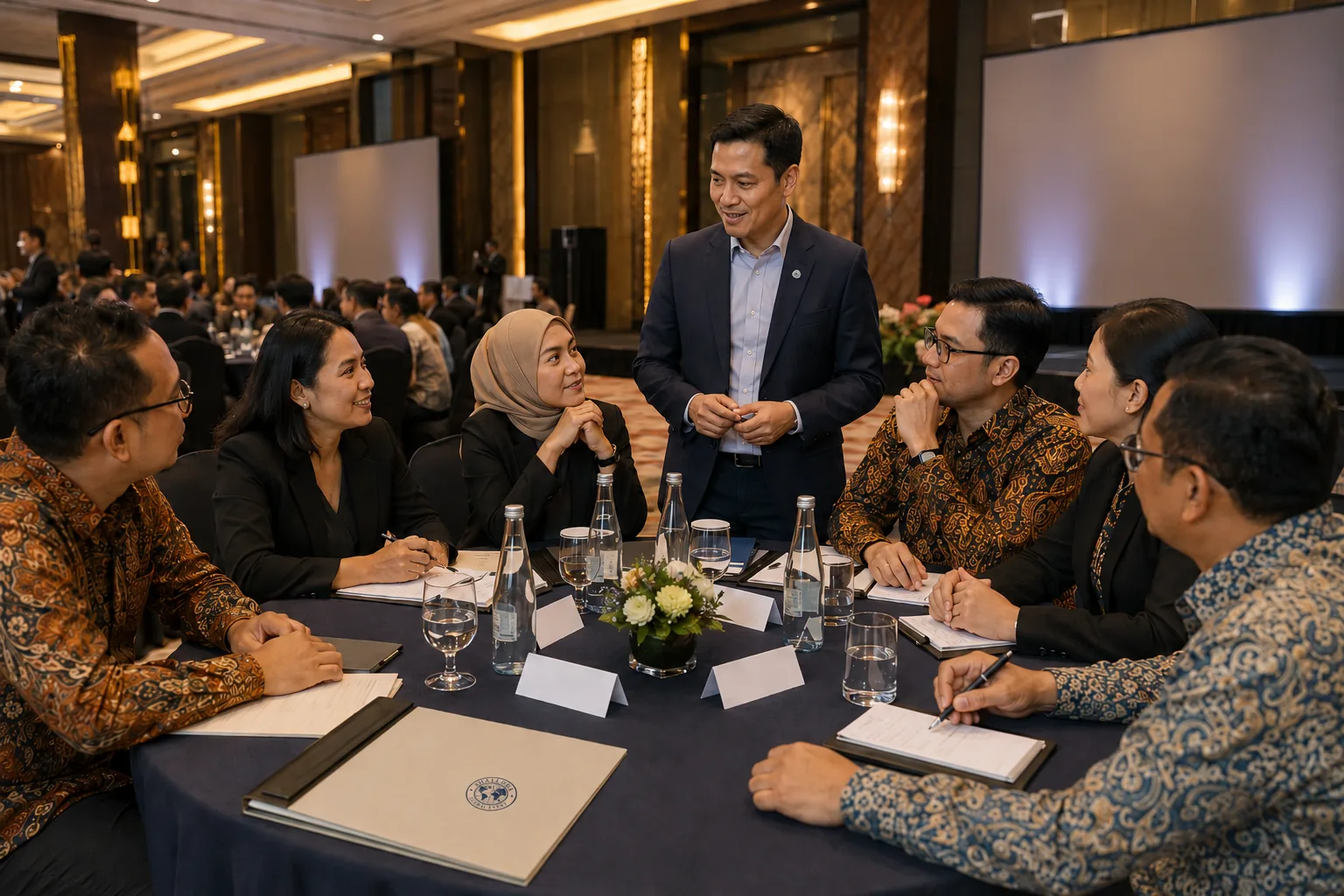 Tim profesional Shallora berdiskusi dalam sesi roundtable Business Event di ballroom hotel.