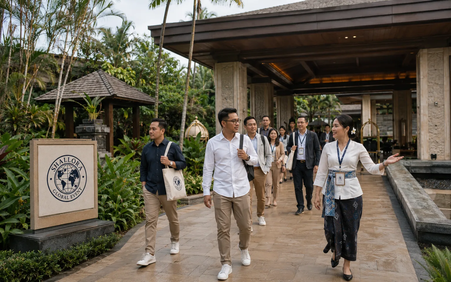 Host Shallora mendampingi rombongan profesional dalam perjalanan masuk area resort.