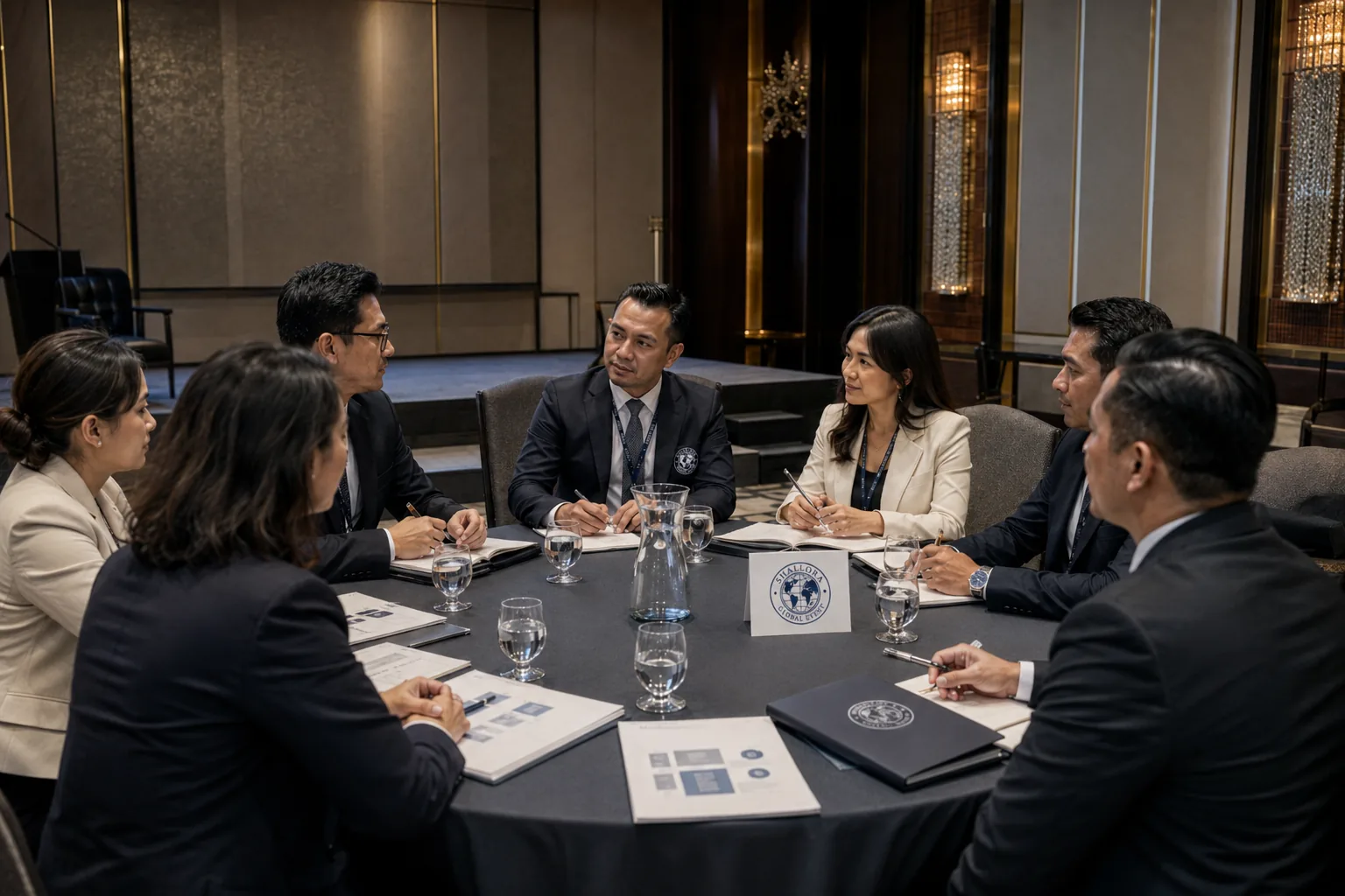 Delegasi profesional berdiskusi dalam boardroom untuk koordinasi protokol event korporat.