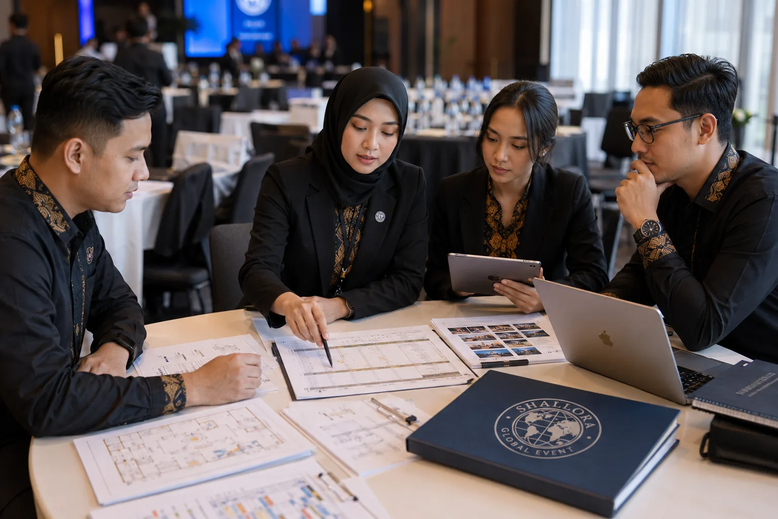 Tim Shallora meninjau dokumen, layout, dan tablet untuk perencanaan event korporat.