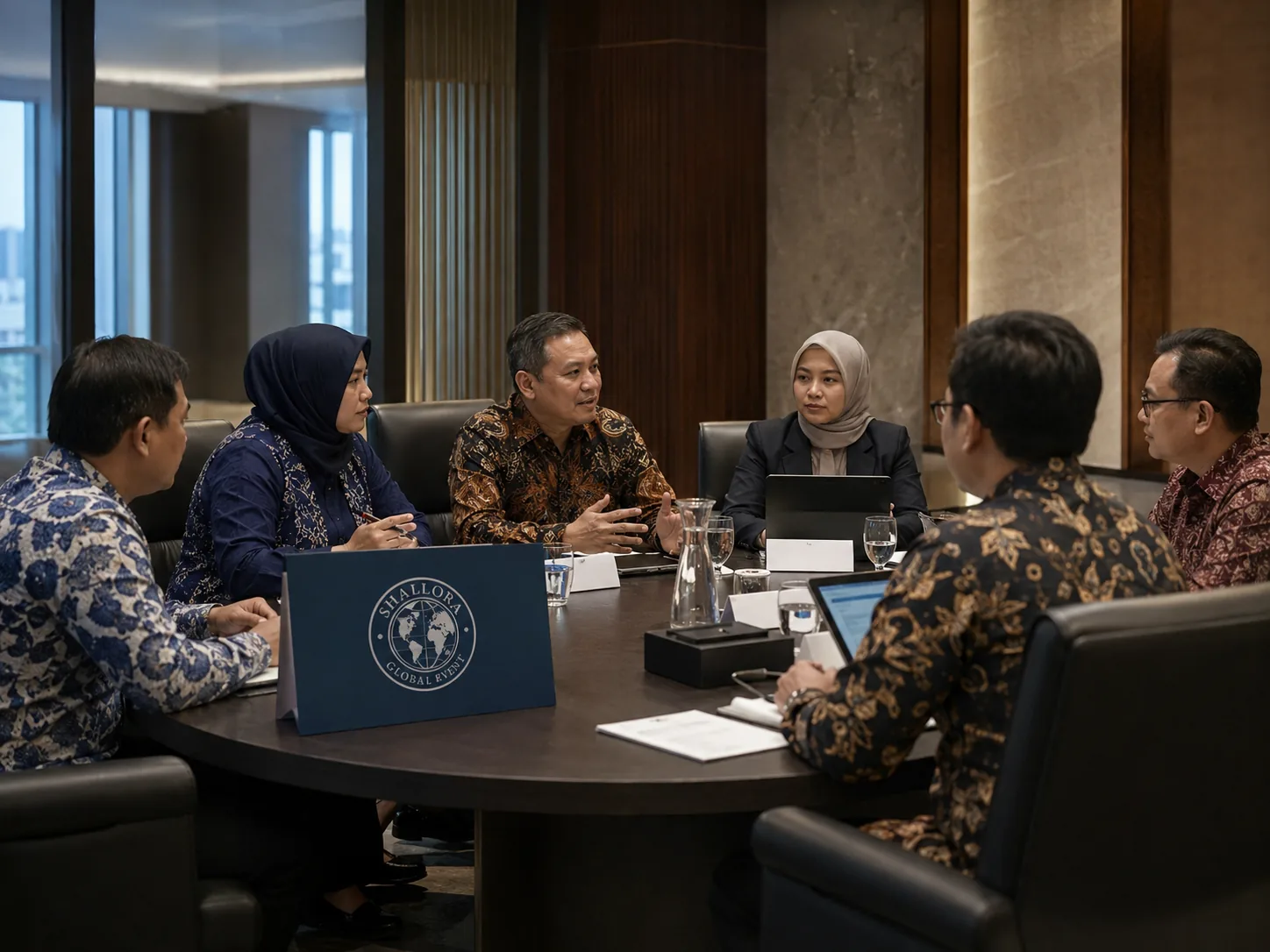 Pertemuan eksekutif dalam ruang boardroom dengan materi dan identitas Shallora.