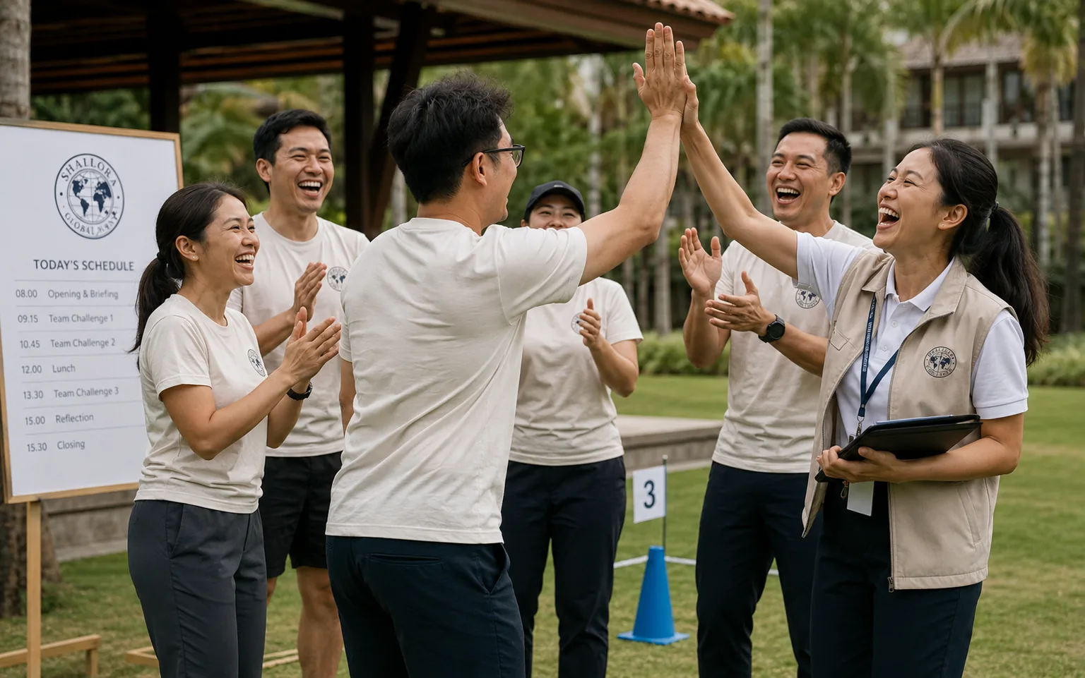 Peserta fun games korporat melakukan high-five setelah menyelesaikan tantangan tim.