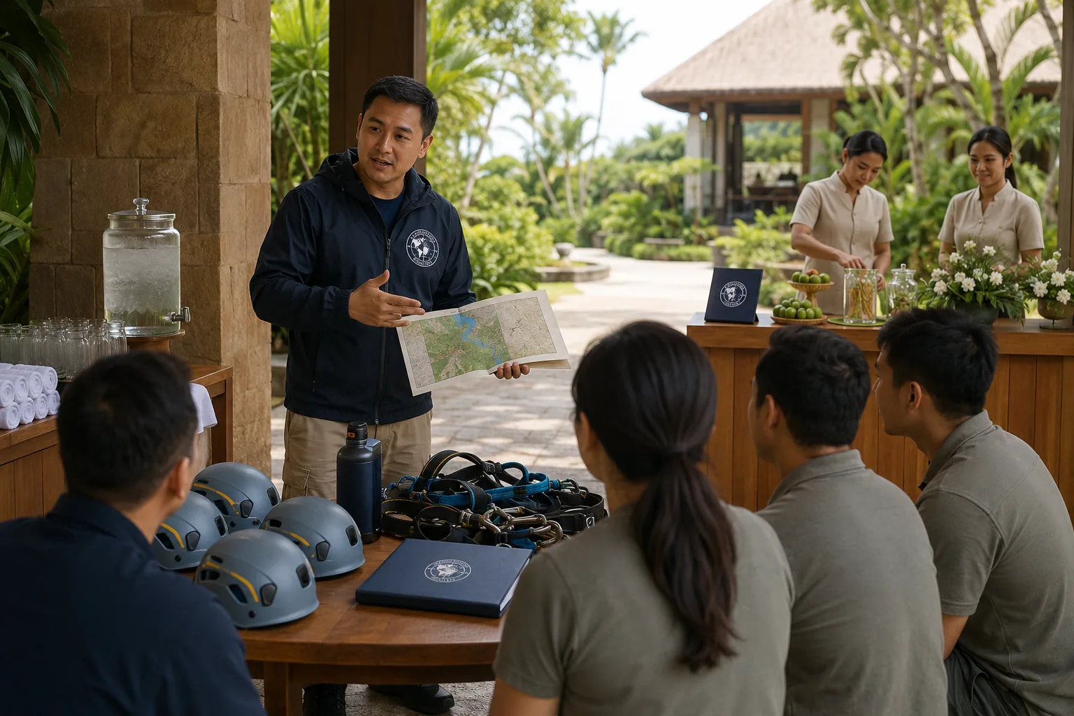 Fasilitator Shallora menjelaskan peta dan perlengkapan keselamatan untuk program outdoor.