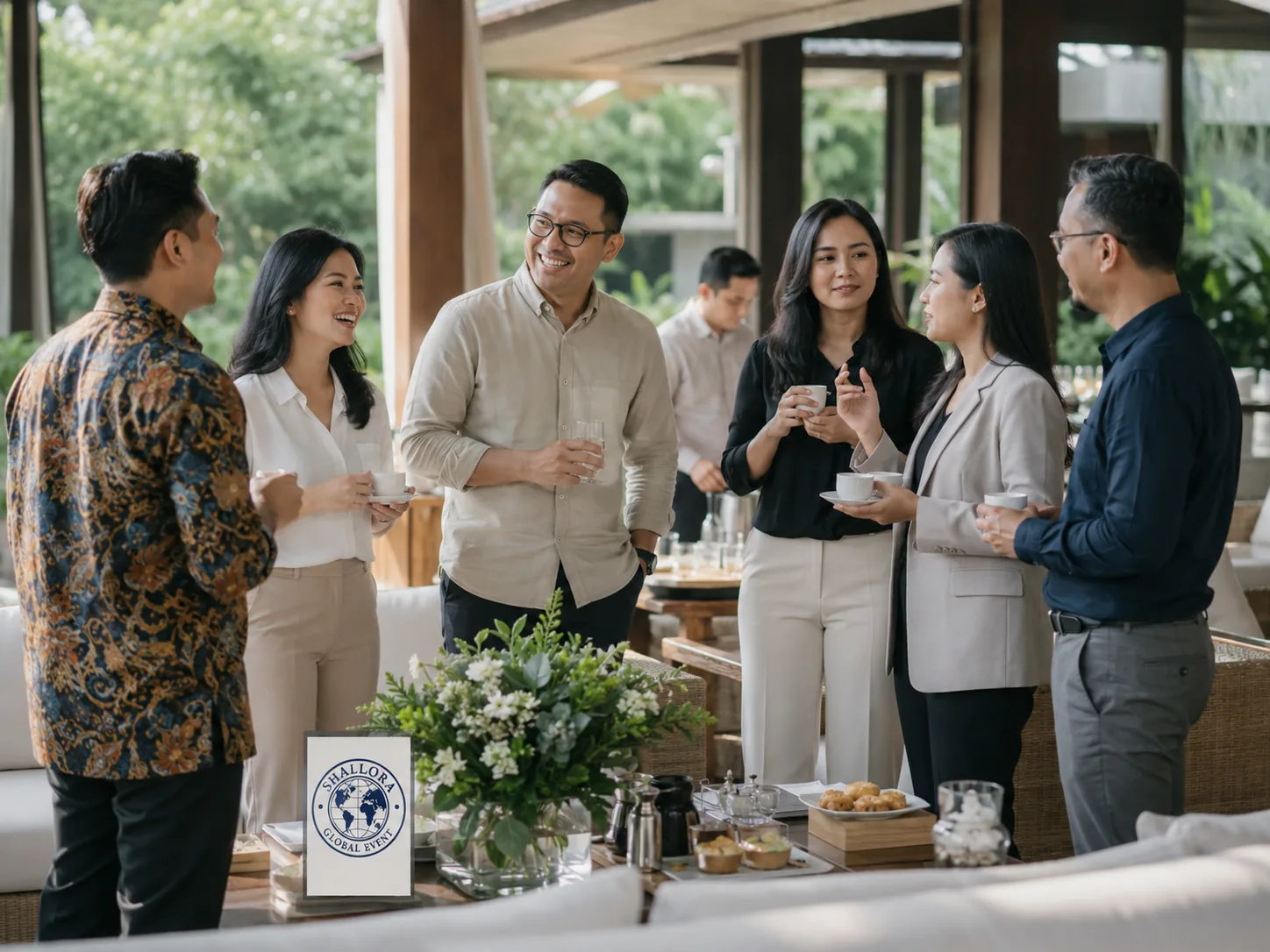 Peserta event korporat berbincang santai dalam sesi networking di area lounge.