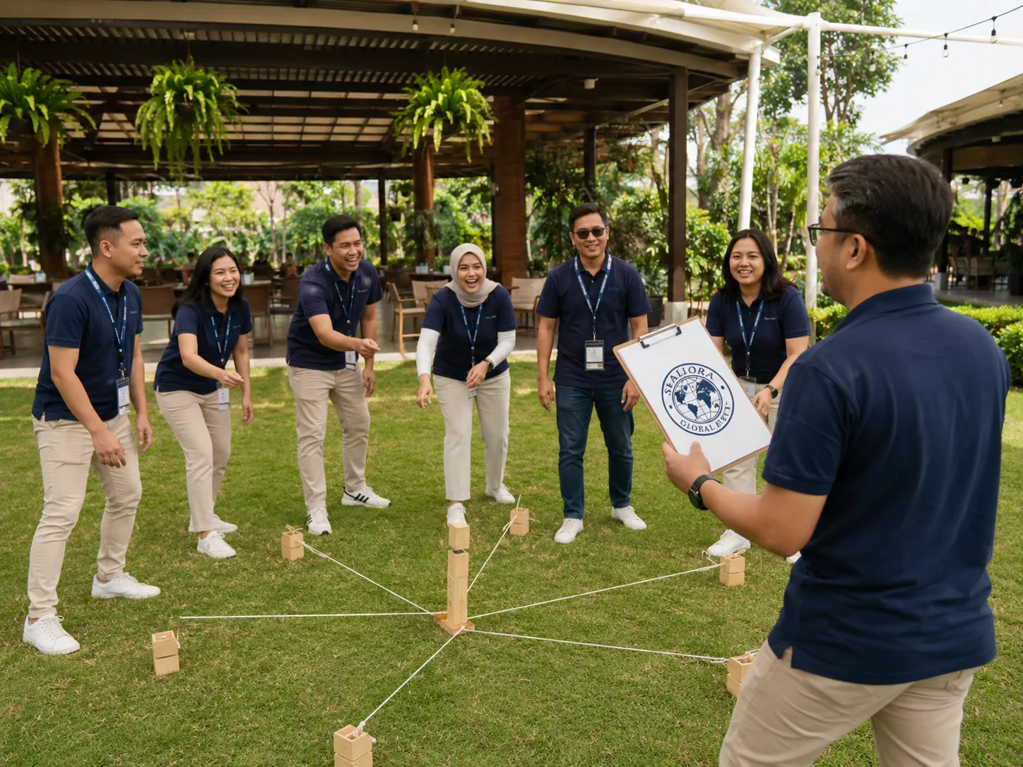 Peserta corporate team building mengikuti tantangan kolaboratif outdoor dengan fasilitator Shallora.