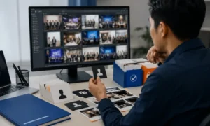 Profesional meninjau status penggunaan foto event sebelum aset visual dipublikasikan
