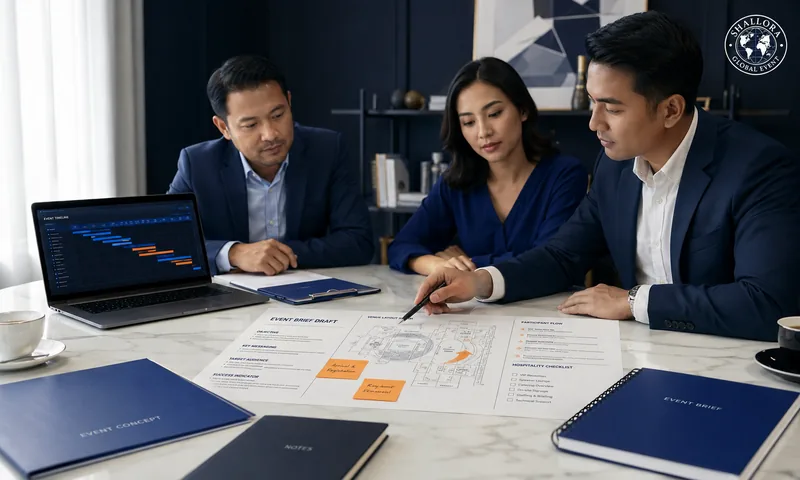 Tim Shallora membahas event brief, layout venue, alur peserta, dan kebutuhan teknis sebelum proposal event corporate disusun.