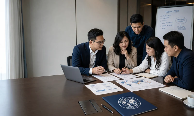 Ilustrasi tim Shallora membaca brief corporate dan MICE event management untuk menentukan scope, flow, risk, dan proposal acara perusahaan.