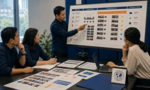 Tim event membahas documentation scope sejak brief corporate event dengan peta coverage dan kebutuhan review
