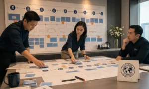 Tim Shallora menyusun experience map gathering perusahaan dari brief, venue layout, participant flow, dan hospitality.