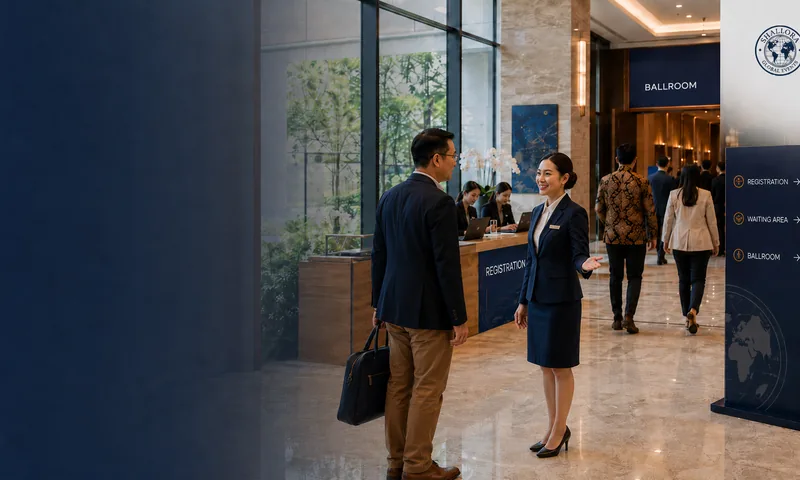 Staf hospitality Shallora mengarahkan tamu corporate event di area registrasi menuju ballroom.