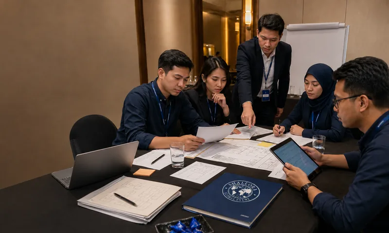 Tim event organizer perusahaan Shallora meninjau layout dan brief corporate event di venue meeting