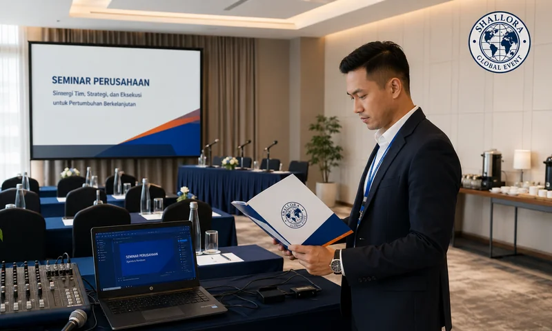 Ruang seminar perusahaan dengan tim Shallora menyiapkan agenda, teknis presentasi, dan dokumentasi acara korporat.