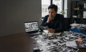 Seorang profesional meninjau banyak foto event yang belum terstruktur untuk kebutuhan evaluasi pasca-acara