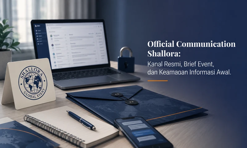 Meja kerja profesional dengan laptop, dokumen, gembok, dan identitas Shallora Global Event untuk komunikasi resmi brief event