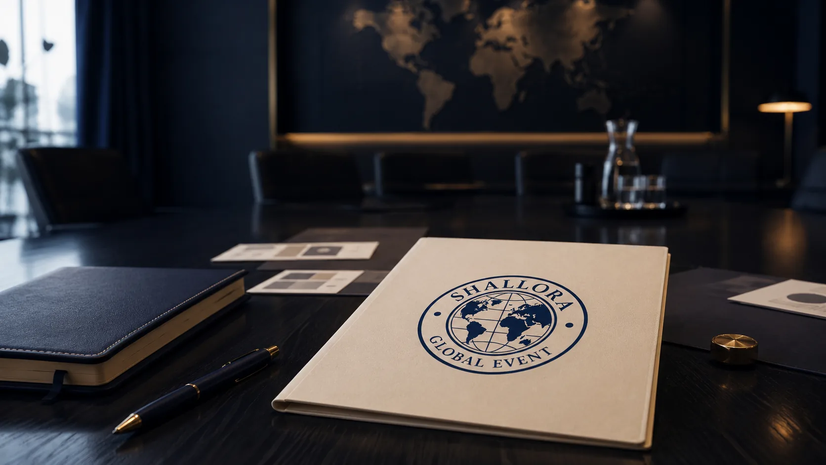 Visual representatif folder brand Shallora Global Event di ruang meeting premium sebagai simbol tujuan dan karakter event house.