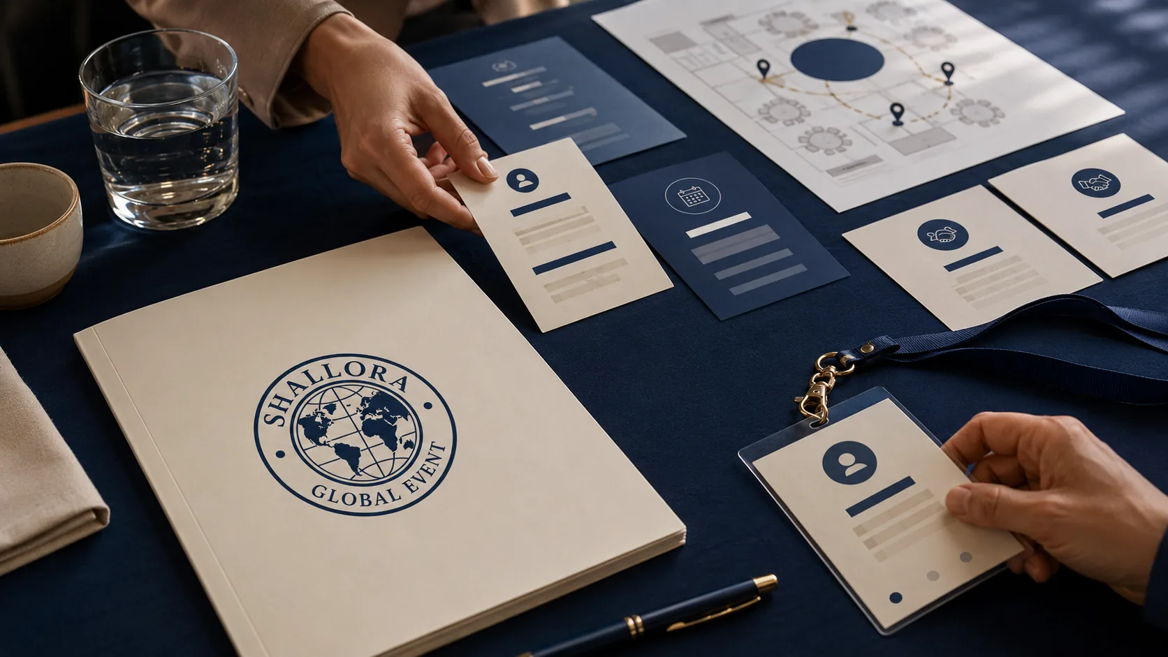 Visual representatif hospitality dalam event melalui kartu peserta, badge, dan alur layanan yang tertata.