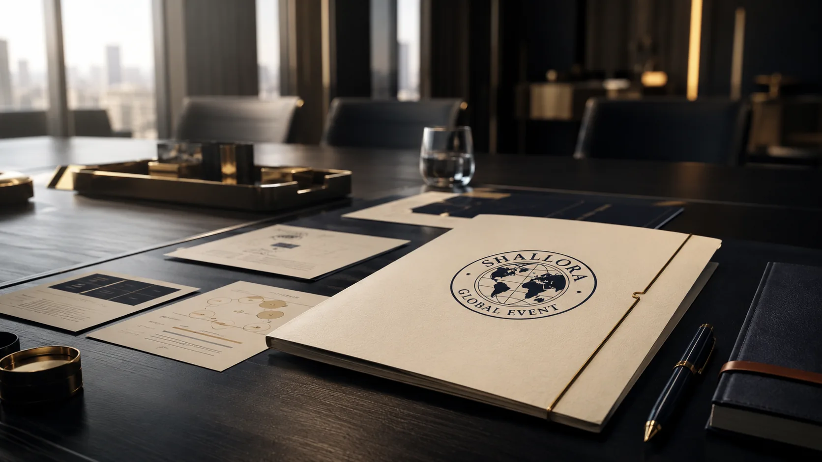 Visual representatif jejak akhir sebuah event melalui folder brand, catatan, dan material reflektif Shallora Global Event.