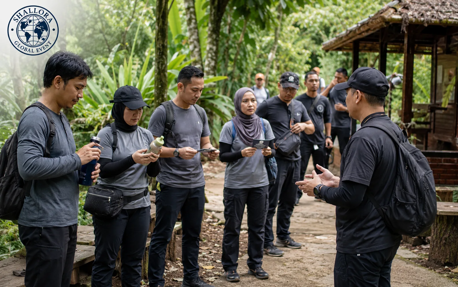 Visual representatif participant readiness dan checkpoint briefing dalam aktivitas korporat outdoor.
