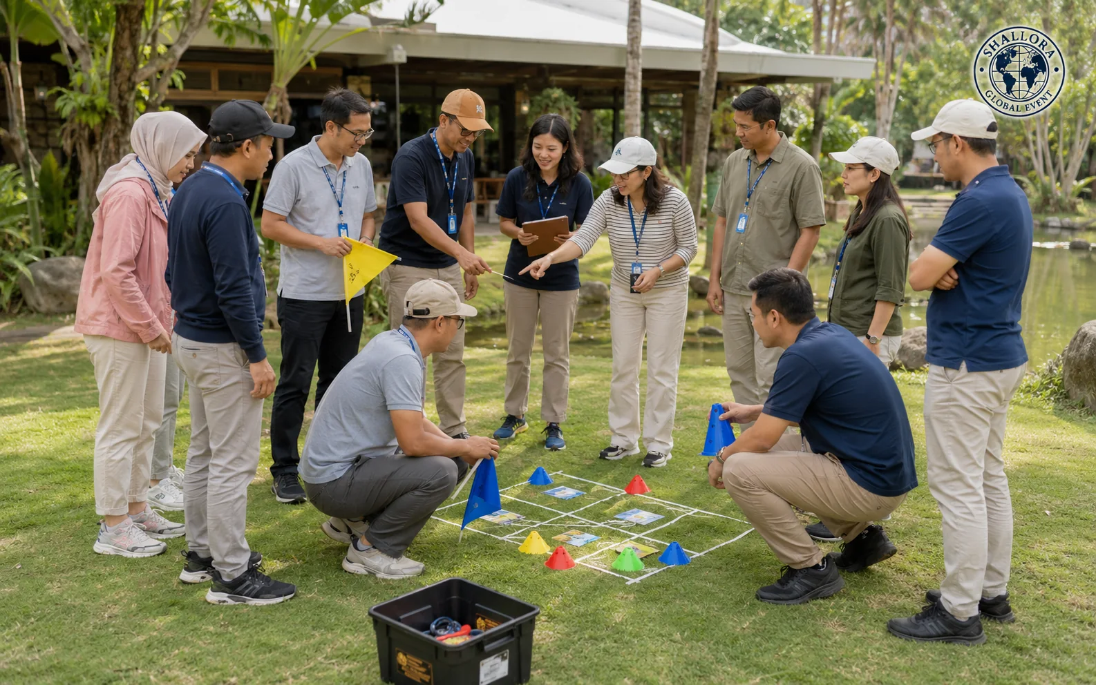 Visual representatif group challenge korporat dalam aktivitas outdoor yang terarah dan tidak ekstrem.