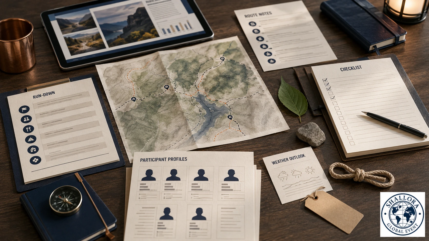 Visual representatif perencanaan rute Adventure Activity for Corporate dengan peta, itinerary, tablet, dan checklist peserta.