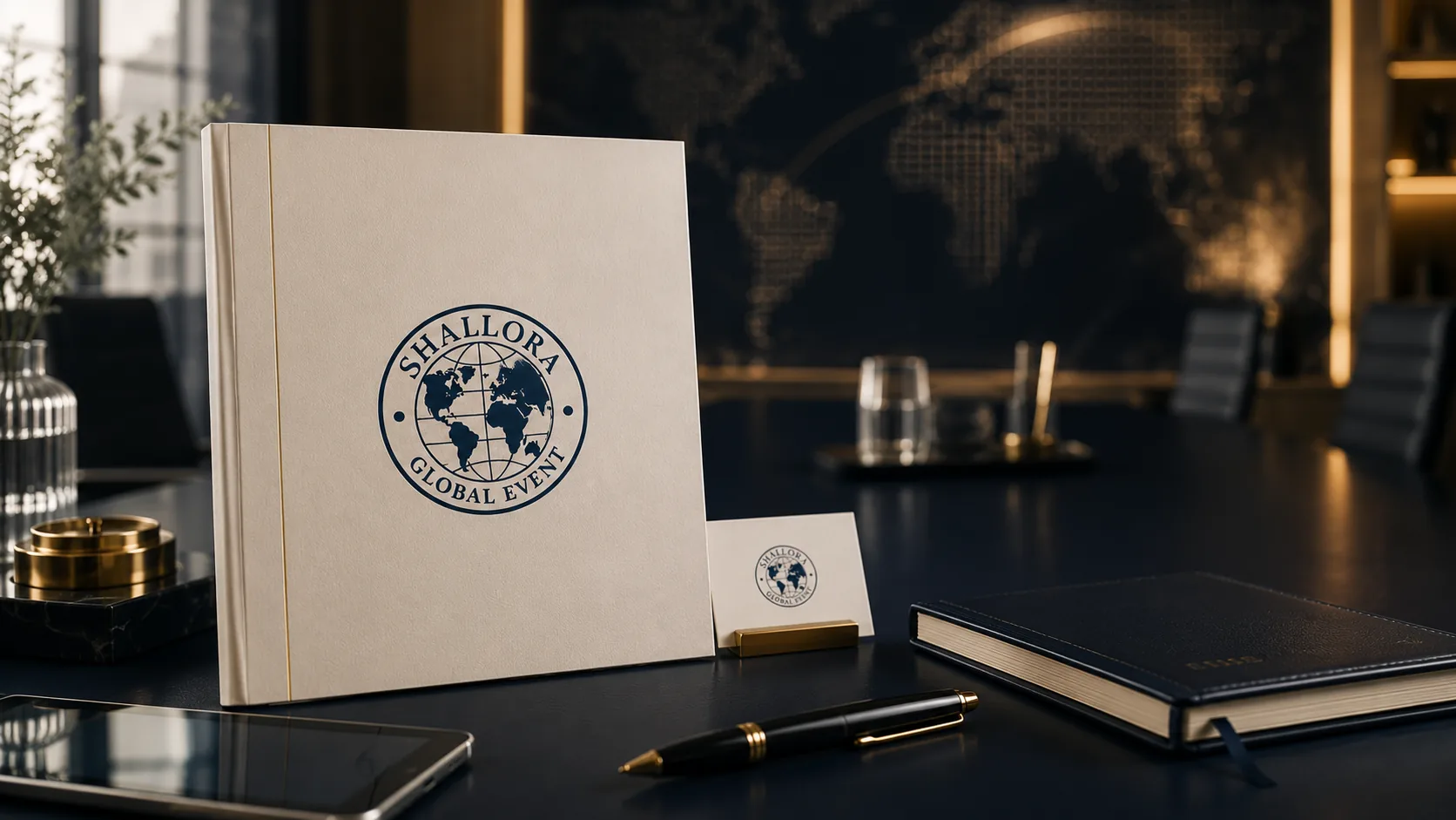 Visual representatif identitas korporat Shallora Global Event dengan elemen brand premium dan konteks global corporate event.
