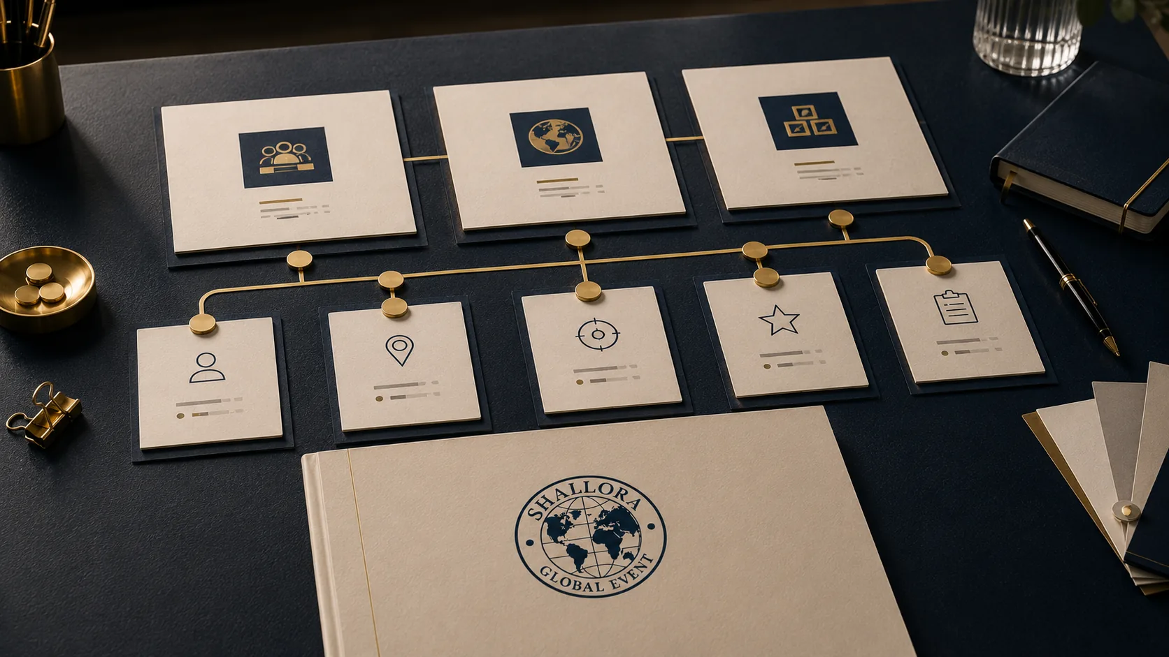 Visual representatif arsitektur layanan Shallora Global Event untuk Corporate & MICE Events.