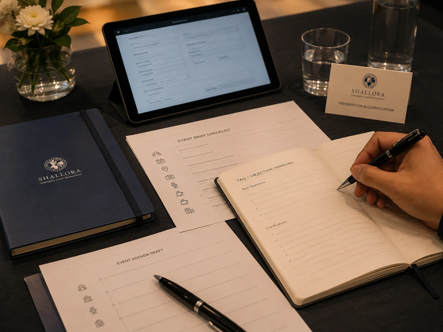Representative event brief checklist and notes for clarifying corporate event requirements.