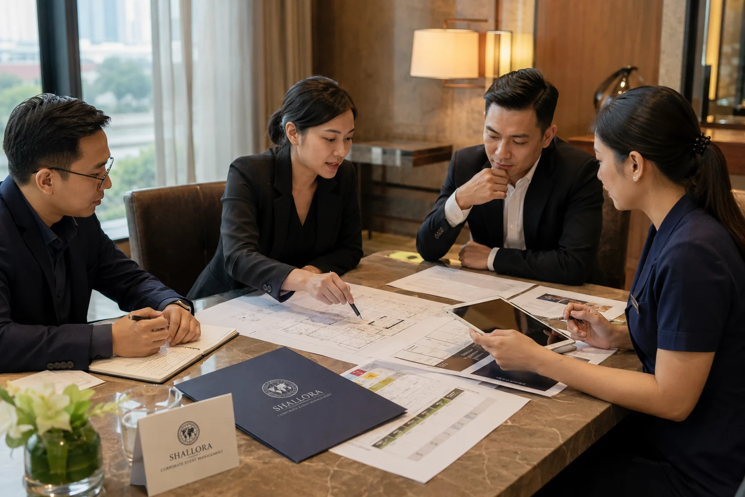Representative corporate event planning discussion with venue layout and service materials.