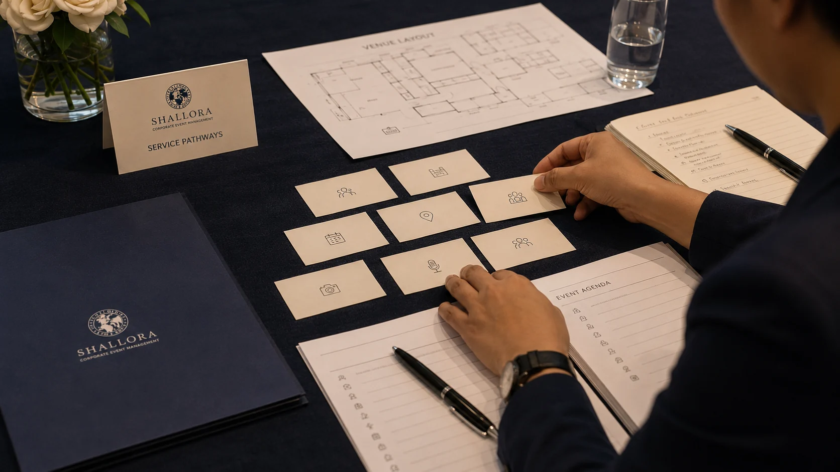 Representative planning cards and venue layout used to map corporate event service pathways.