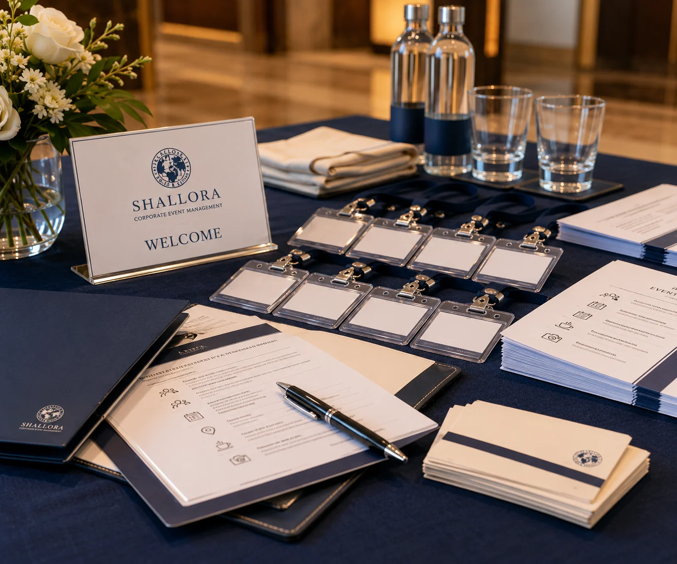 Representative welcome desk materials and badges prepared for a formal corporate event.