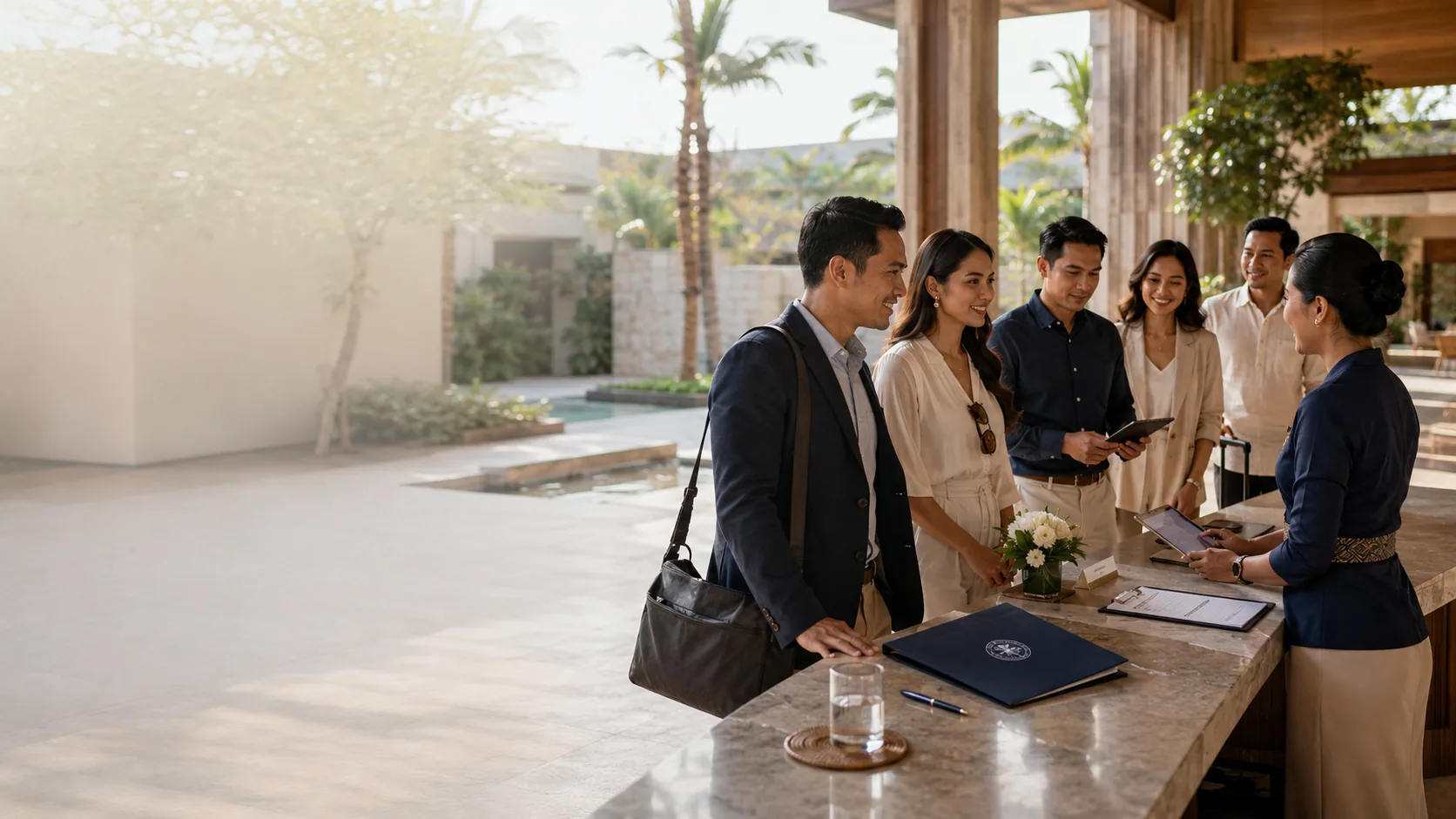 Visual representatif peserta korporat dalam alur resort sebagai bagian dari Corporate Experience berbasis lokasi.