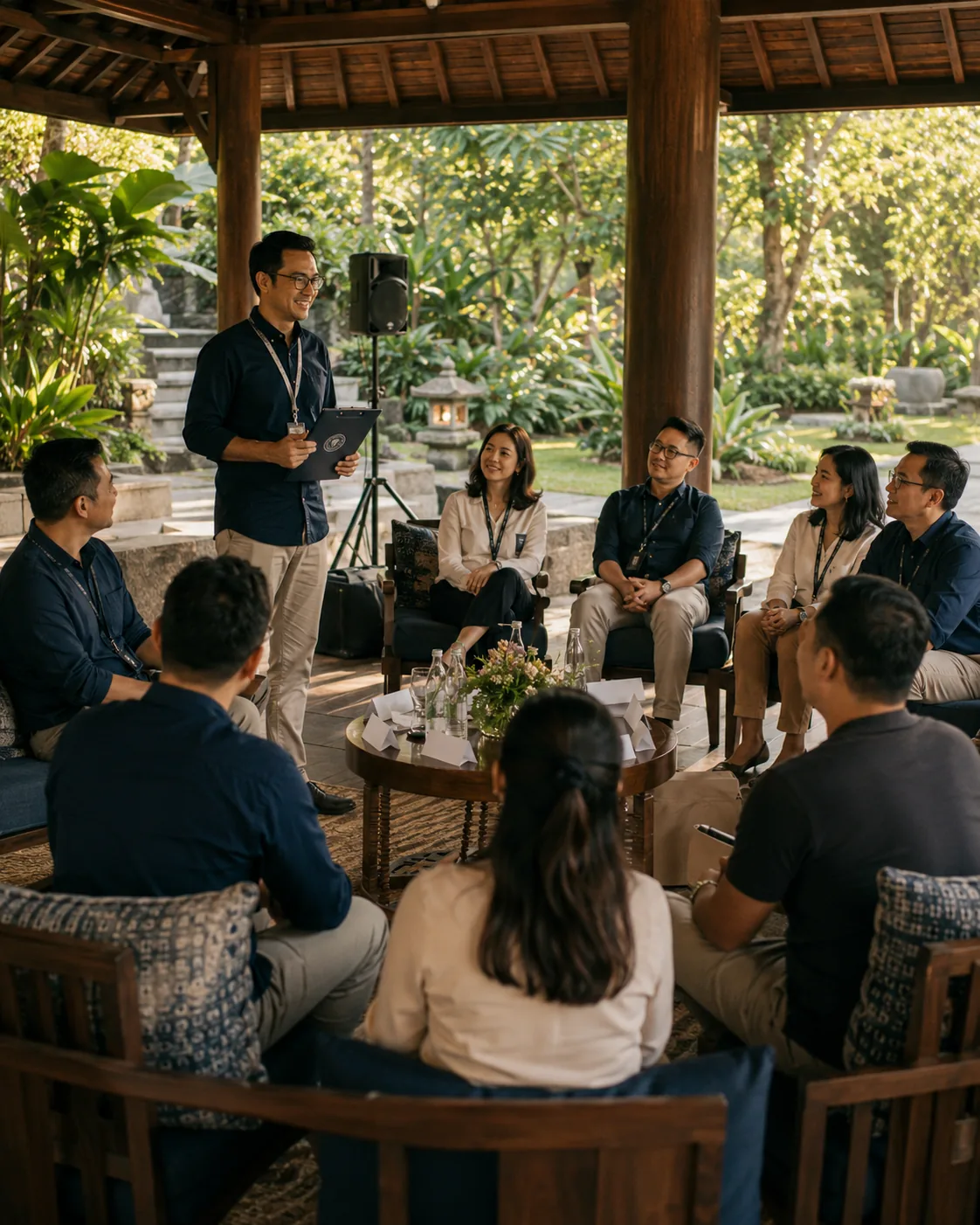Visual representatif sesi corporate gathering di area resort dengan fasilitator dan peserta korporat.