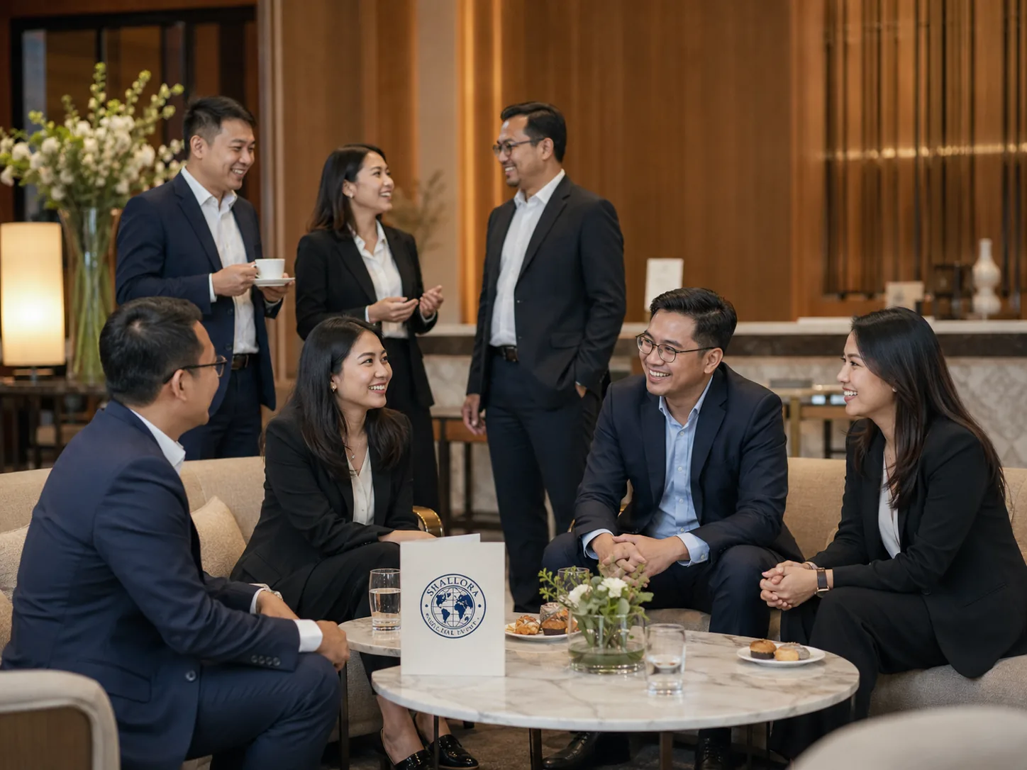 Visual representatif corporate gathering dalam suasana lounge yang tenang dan profesional.