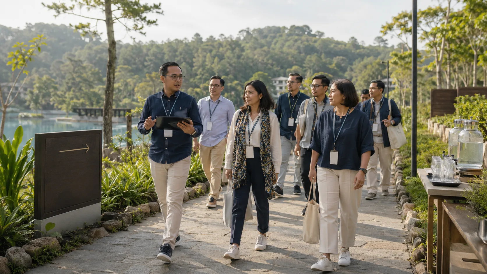 Visual representatif corporate outing dengan peserta berjalan mengikuti arahan koordinator di area destinasi.