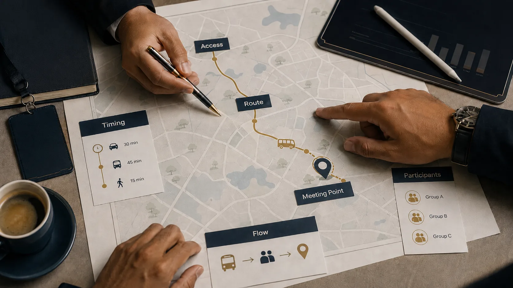 Visual representatif perencanaan akses, rute, timing, meeting point, dan alur peserta untuk Destination Event.
