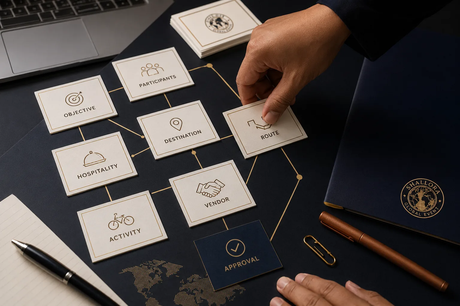 Visual representatif scope map Destination Event dengan kartu objective, participants, destination, route, hospitality, vendor, activity, dan approval.
