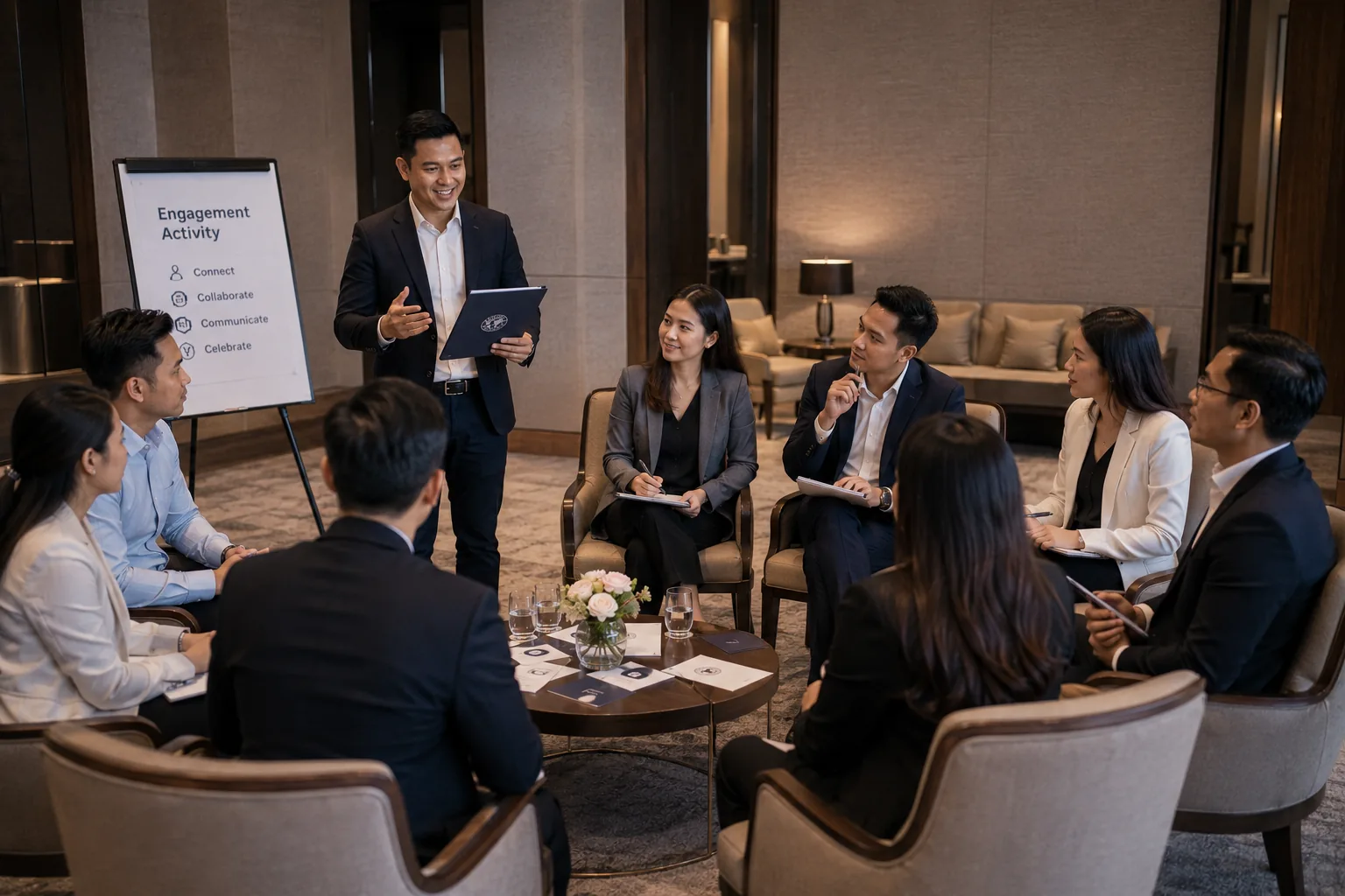 Visual representatif corporate gathering dengan peserta profesional dalam sesi engagement activity yang terarah.
