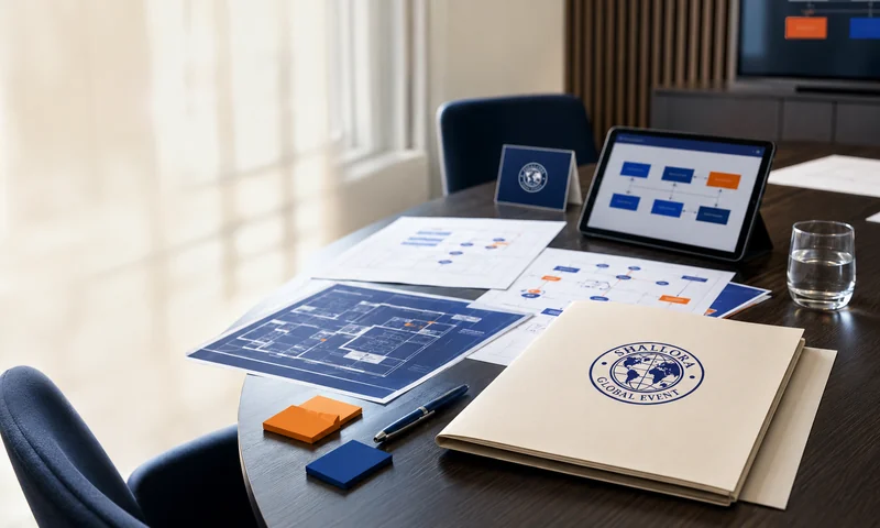 Meja konsultasi Shallora dengan dokumen event governance, diagram alur, dan folder brief acara corporate.
