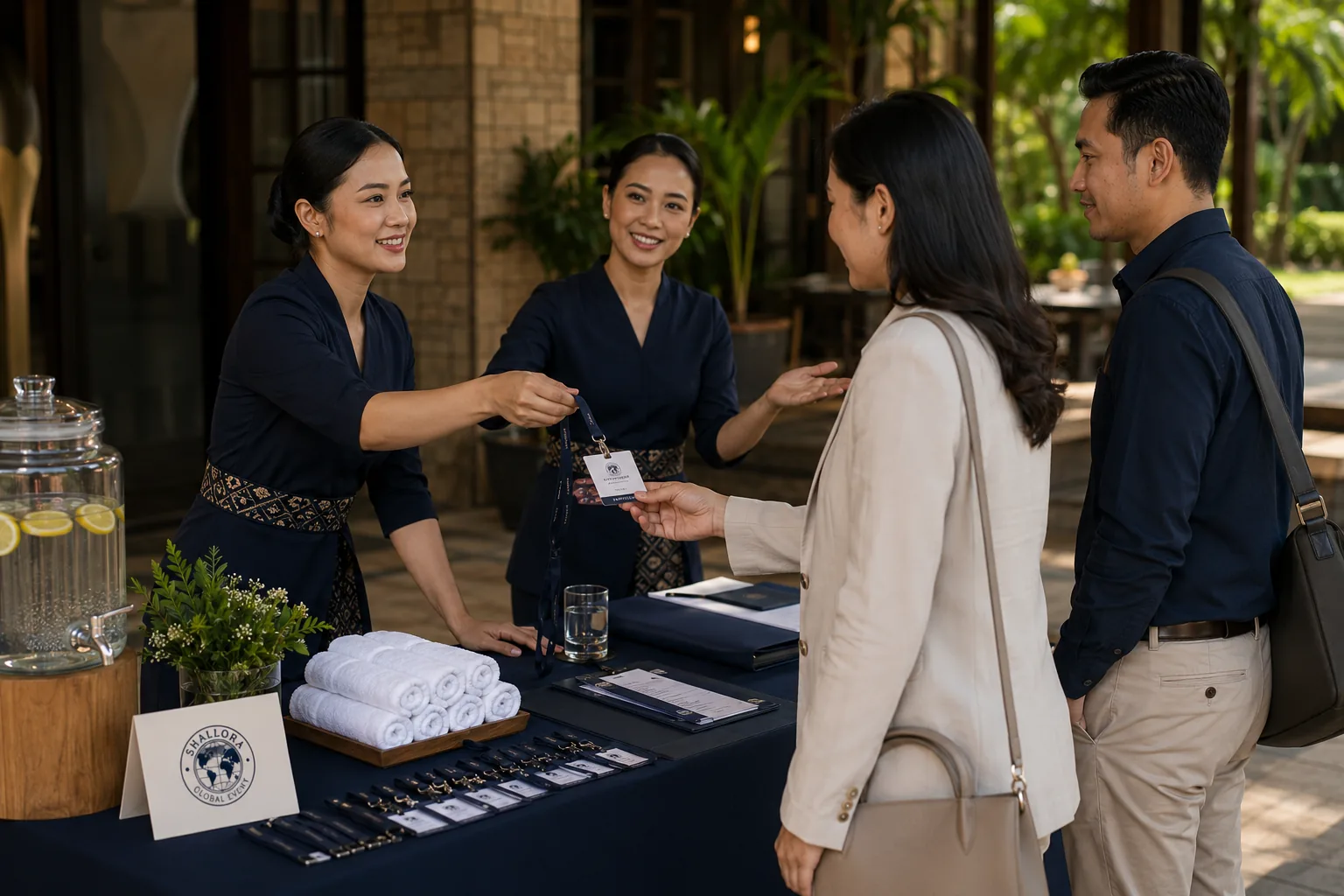 Visual representatif hospitality desk untuk kedatangan peserta Experience Activation dengan lanyard, refreshment, dan welcome flow.