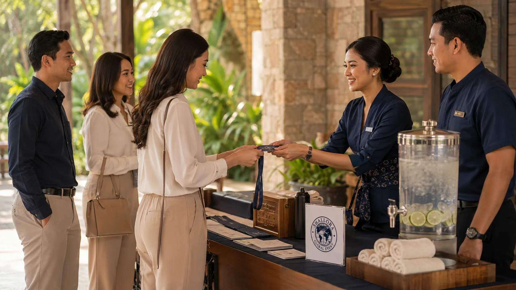 Visual representatif hospitality handover untuk peserta Experience Activation dengan lanyard, welcome desk, dan alur kedatangan yang terarah.