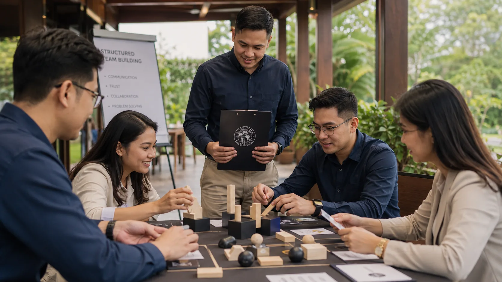 Visual representatif team building korporat dengan fasilitator, activity card, dan alat kolaboratif dalam Experience Activation.