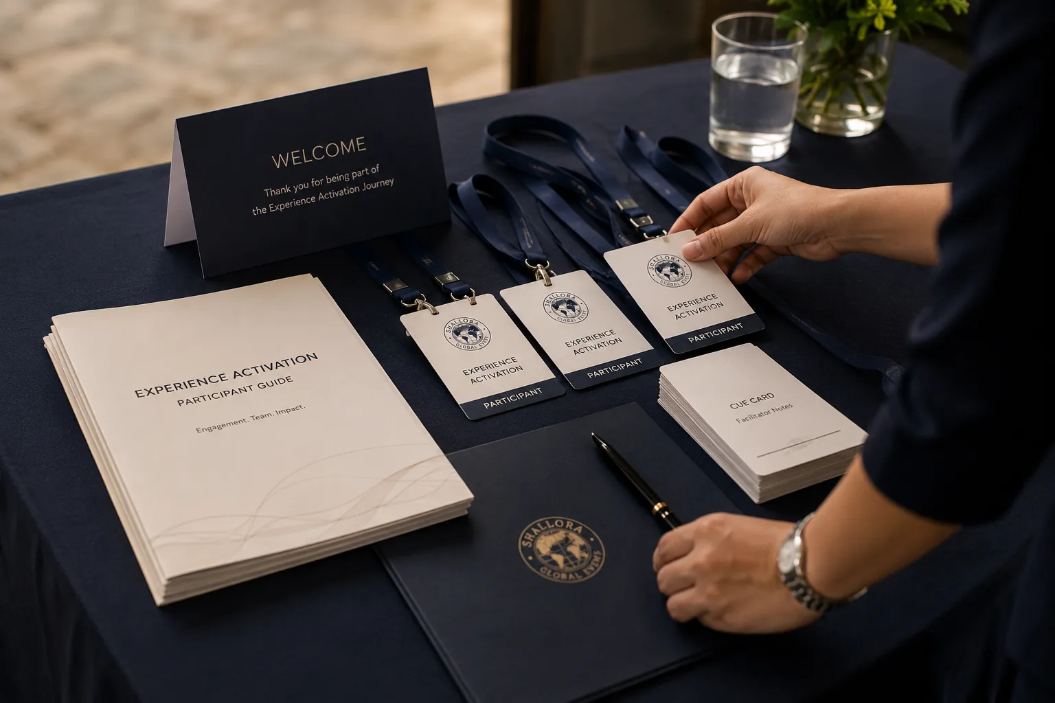 Visual representatif welcome kit Experience Activation dengan participant guide, cue card, lanyard, dan materi briefing acara korporat.