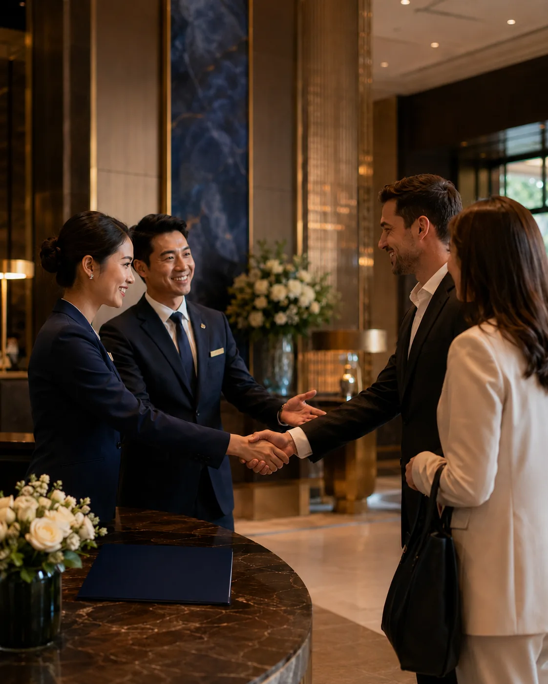 Tim hospitality menyambut tamu dalam suasana acara korporat yang tertata dan elegan.