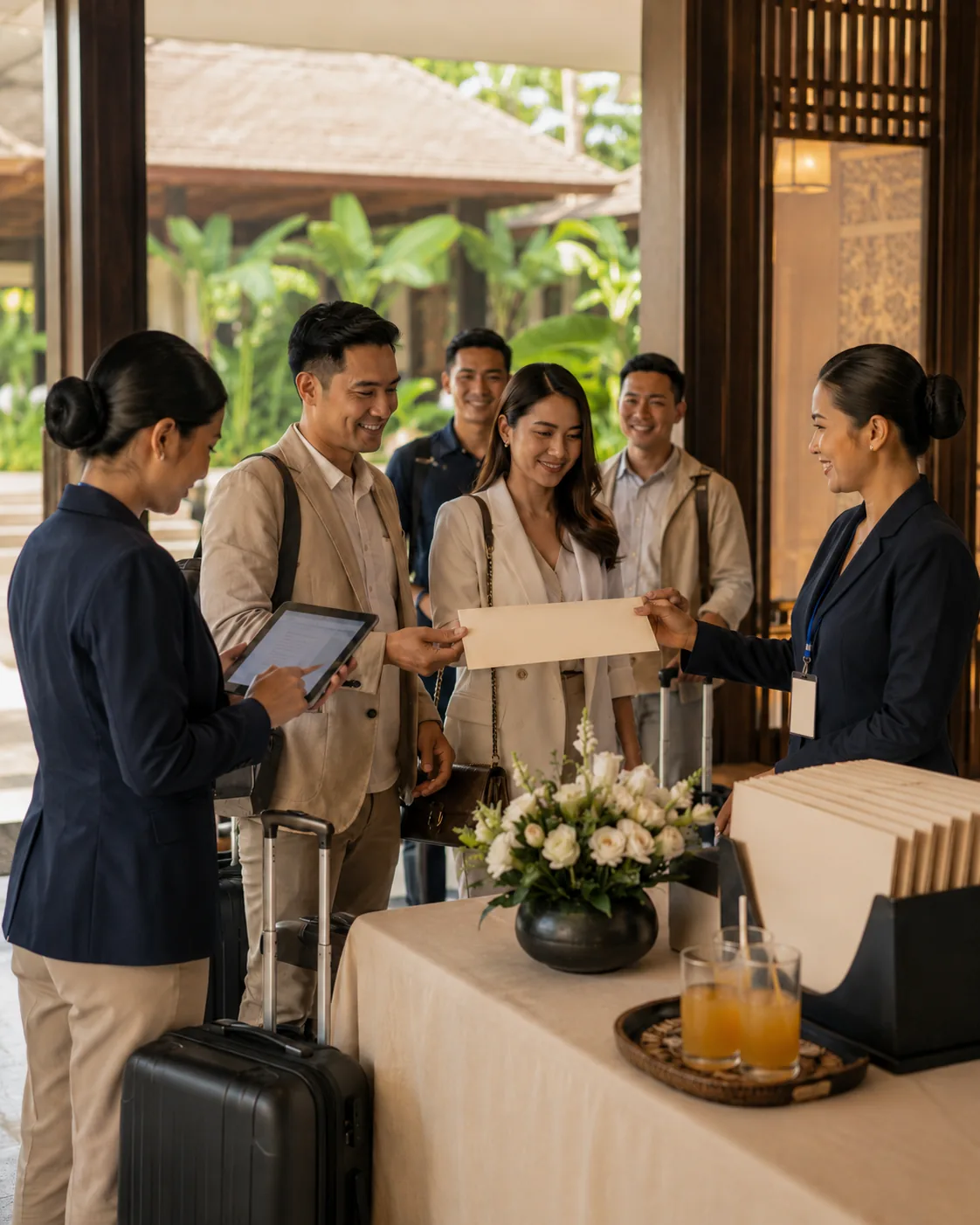 Visual representatif peserta incentive trip menerima welcome material di area hospitality destinasi.