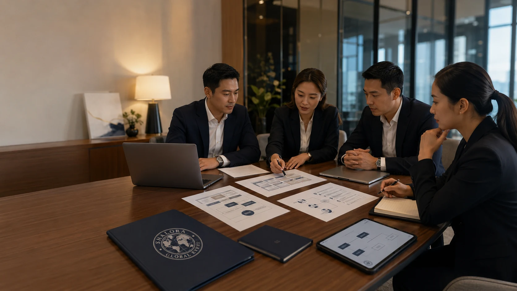 Visual representatif meja editorial event strategy dengan dokumen, laptop, dan tablet untuk halaman Insights Shallora.