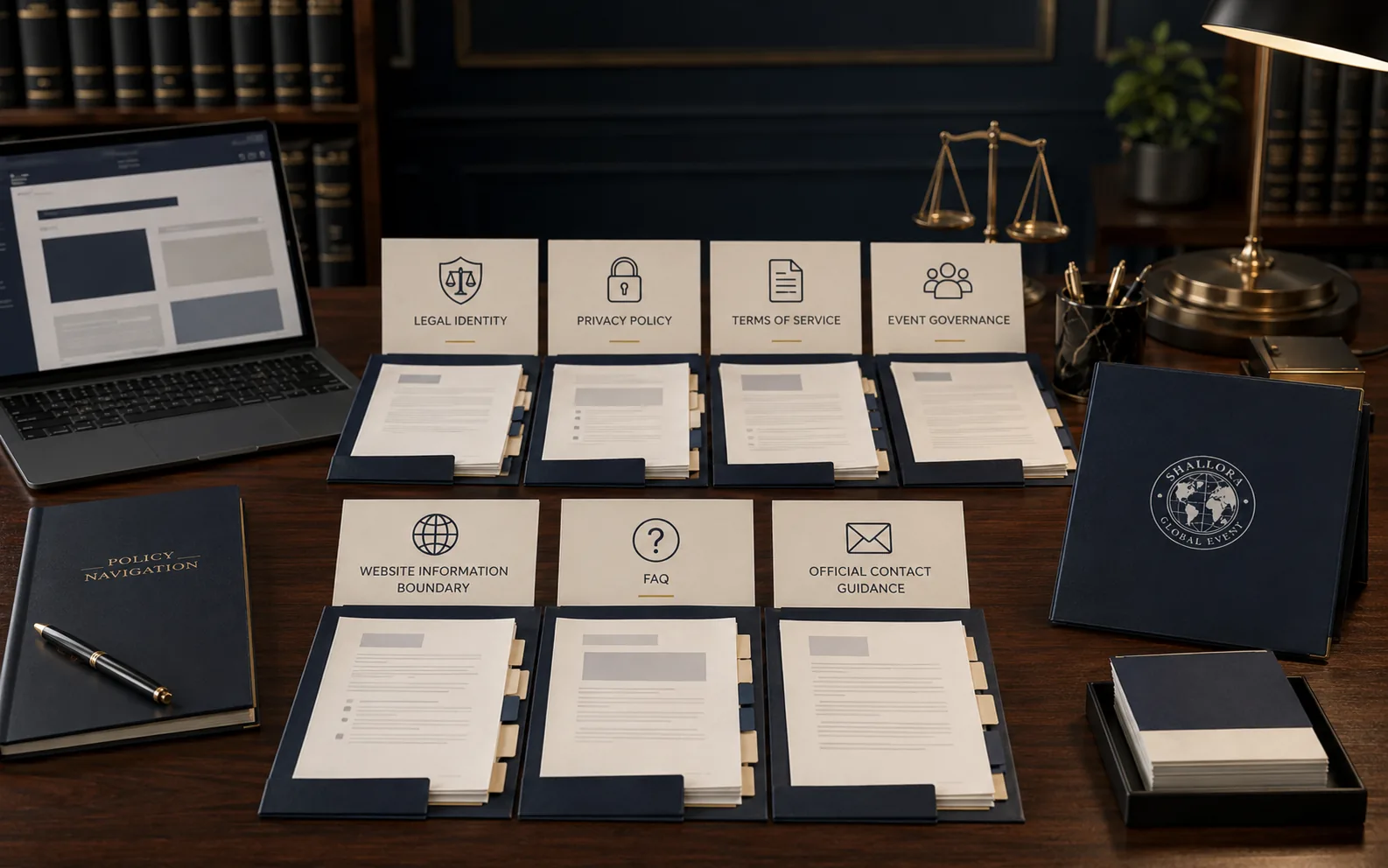 Ilustrasi navigasi Legal & Policy yang mencakup legal identity, privacy policy, terms of service, dan event governance.