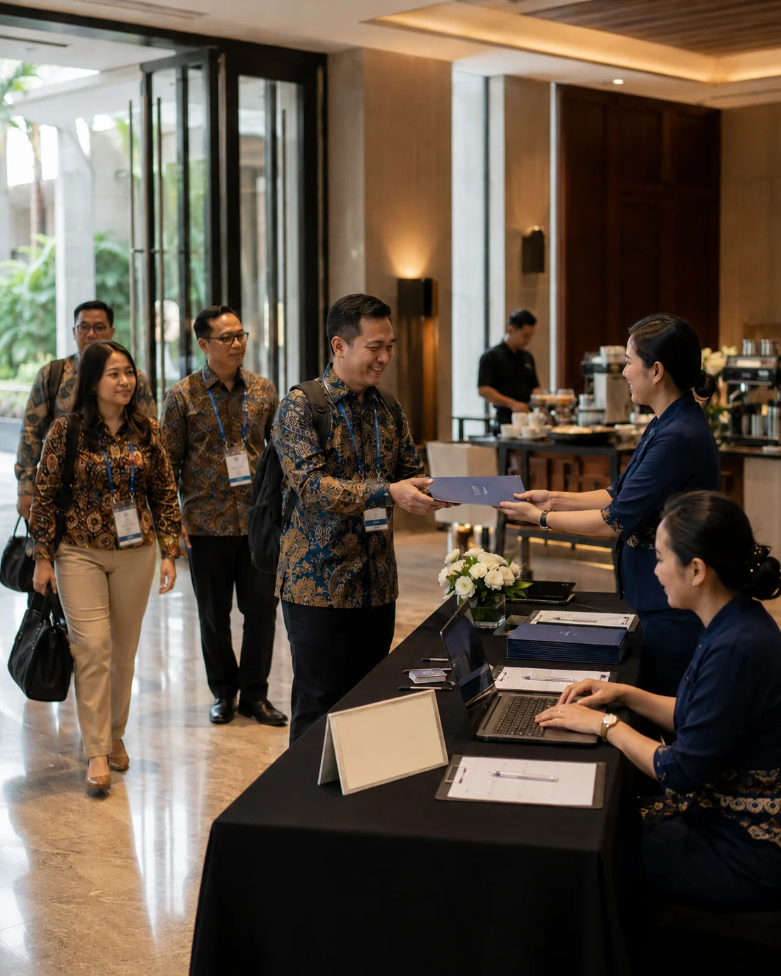 Visual representatif penyerahan folder brief pada meja hospitality MICE.