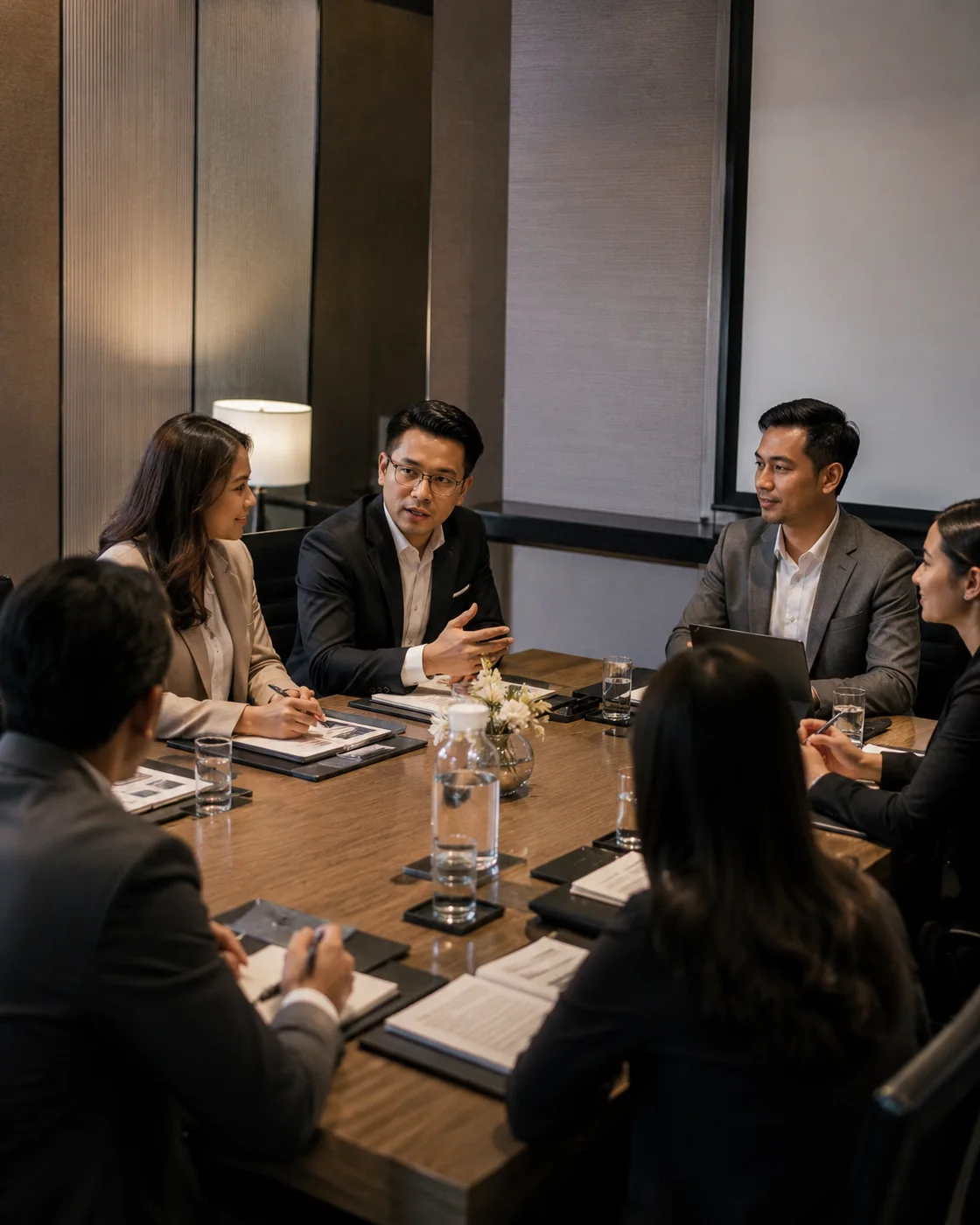 Visual representatif formal session dalam ruang meeting profesional untuk agenda MICE.