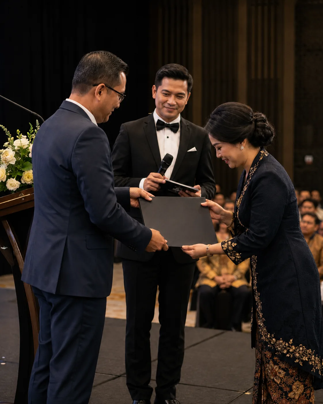Representative visual of a formal ceremony recognition moment with host and recipient on stage.